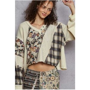 POL Cream and Multicolor Patchwork Long Sleeve Top